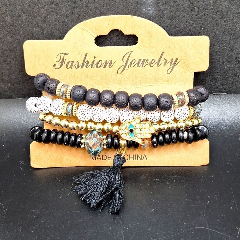 Boho Hamsa beaded layered bracelets evil eye protection with tassel